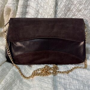 Neiman Marcus Dark Brown Shoulder Bag with Gold Chain clutch suede and leather